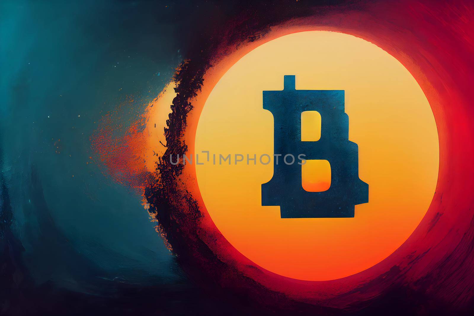 bitcoin sign as black letter B on yellow circle background, neural network generated art. Digitally generated image. Not based on any actual scene or pattern.