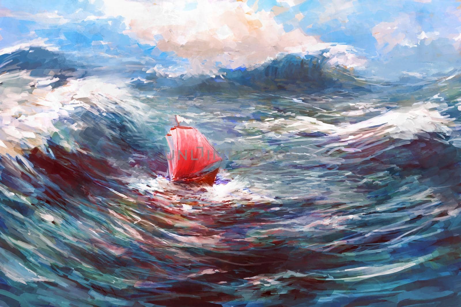 Ship with Red Sails in storm Sea. Dramatic daily Nautical Illustration.