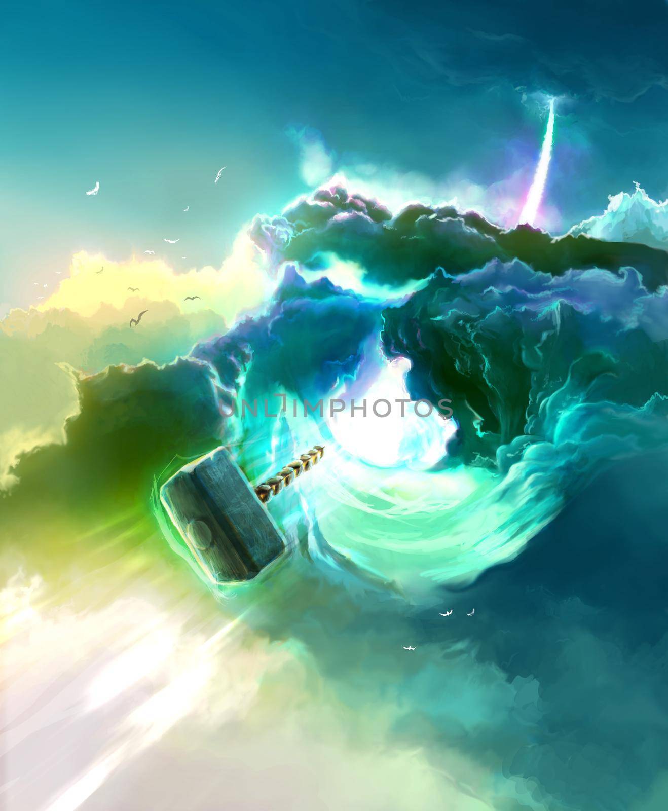 Thor&#39;s Hammer flying through the Rainbow Bridge. Colorful Scenic Landscape Illustration with Clouds.