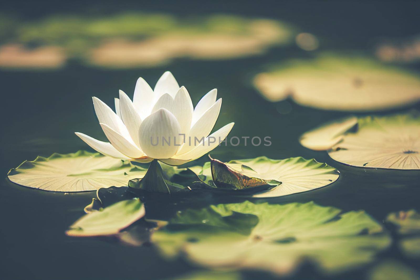 3D illustration white lotus flower pad in pond isolated on blur background. Loy krathong concept background.