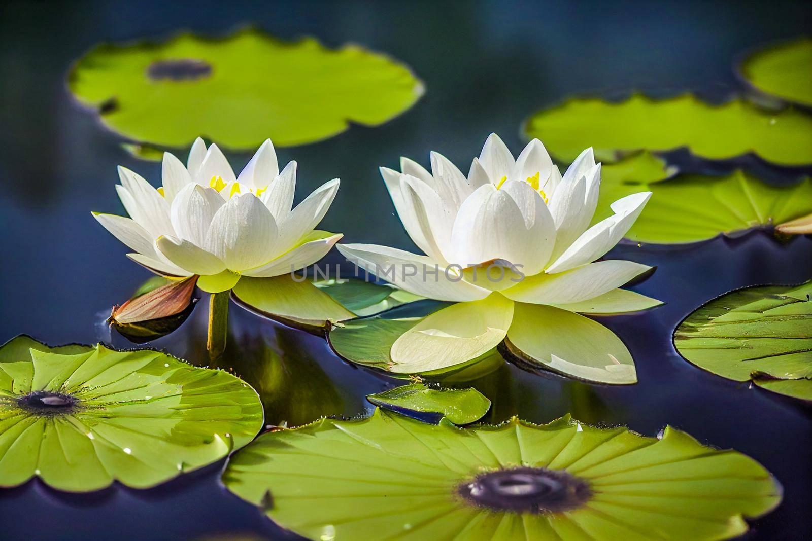 3D illustration white lotus flower pad in pond isolated on blur background. Loy krathong concept background.