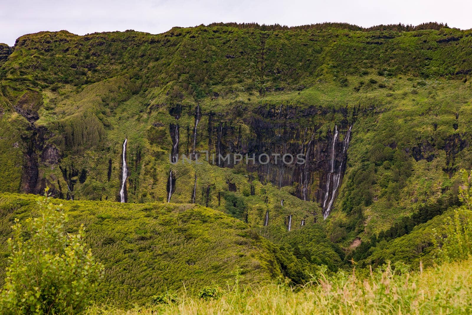 The lush green waterfall landscape at Poco da Alagoinha on the Portuguese island of Flores