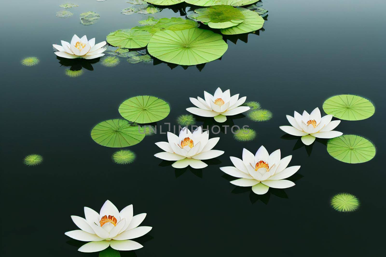 3D illustration white lotus flower pad in pond isolated on blur background. Loy krathong concept background.