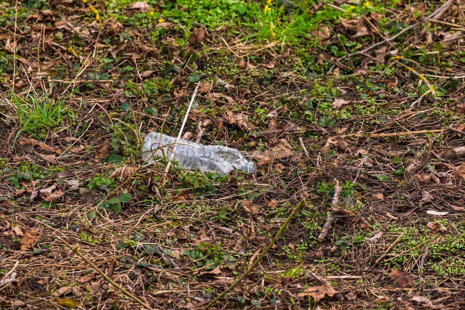 A plastic bottle pollutes the natural environment in Europe