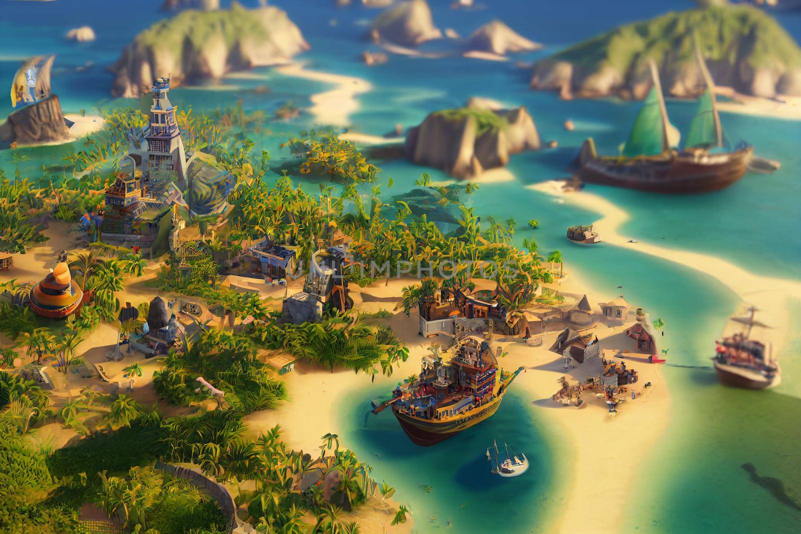 3D Render of Caribbean pirate archipelago in isometric perspective. Thriving pirate city port in the style of civilization.