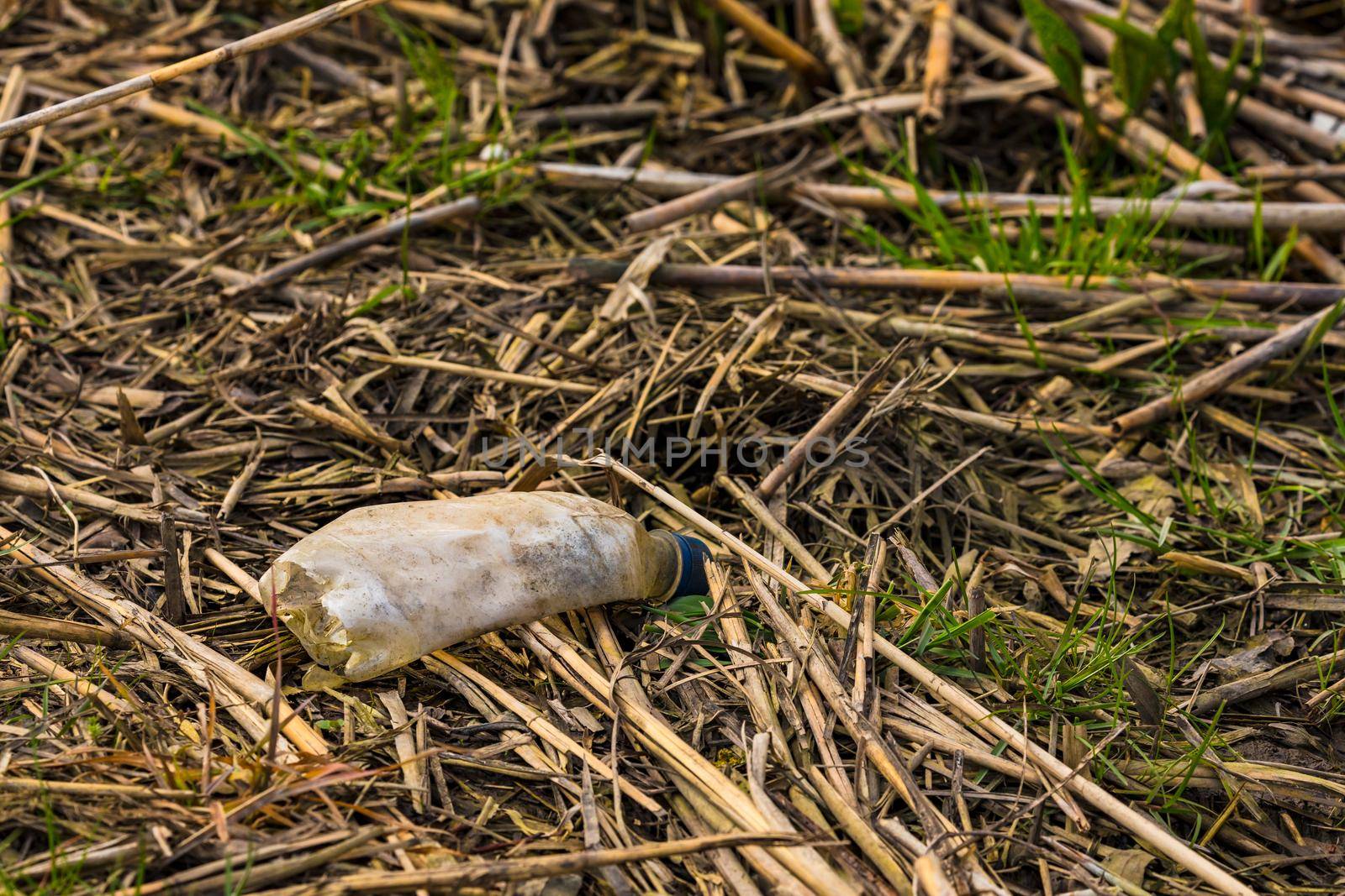 A plastic drinking bottle was thrown away and is slowly rotting in a body of water