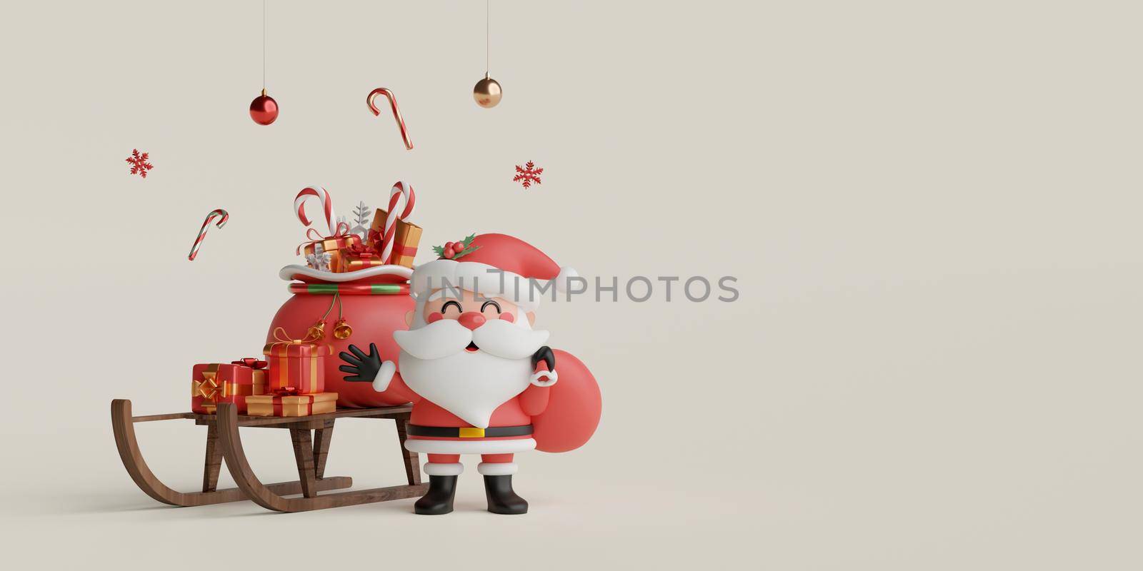 Christmas banner of Santa Claus with gift bag on sleigh, 3d illustration