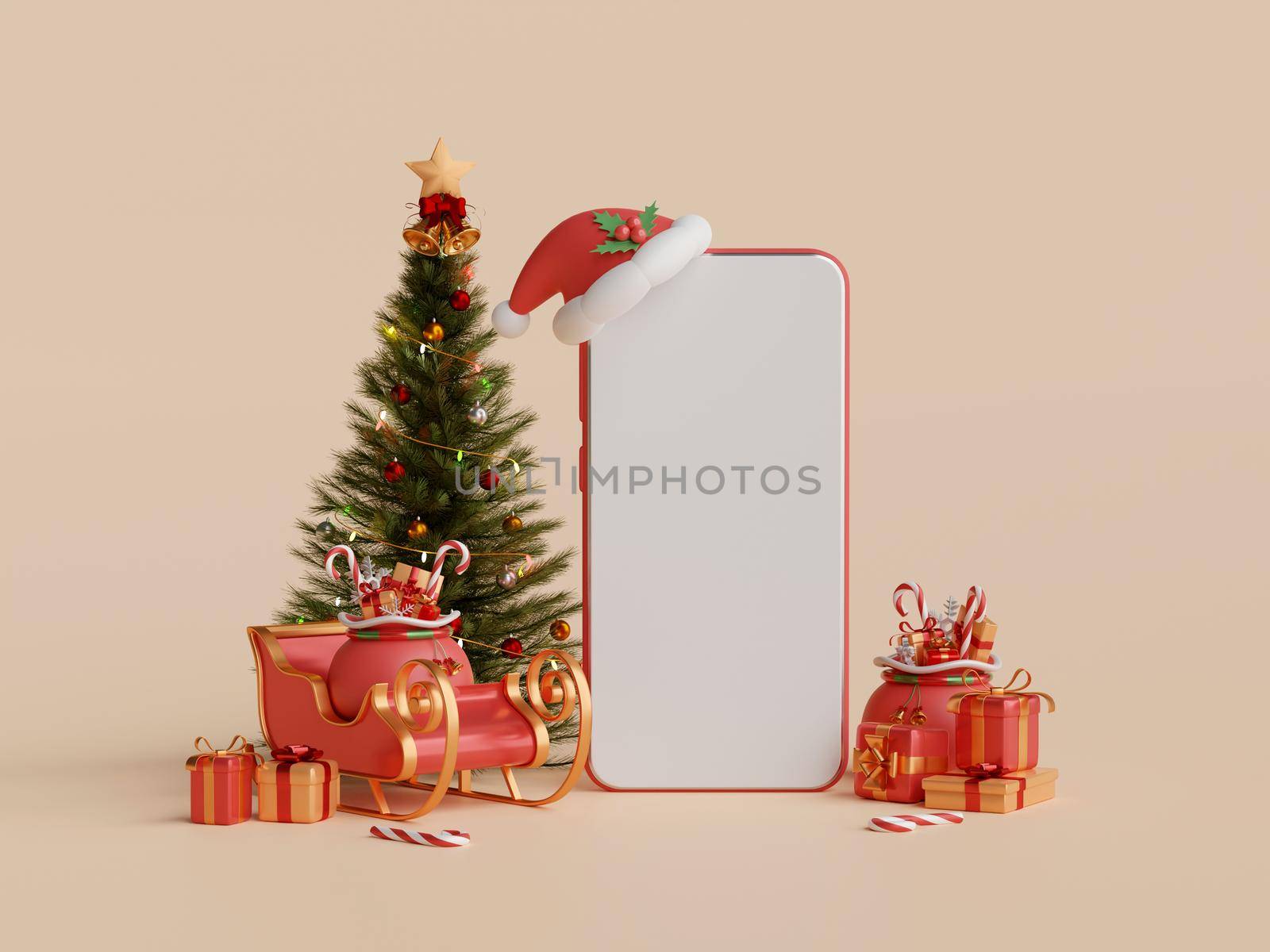 Blank screen mobile with Christmas tree and decoration, 3d illustration by nutzchotwarut