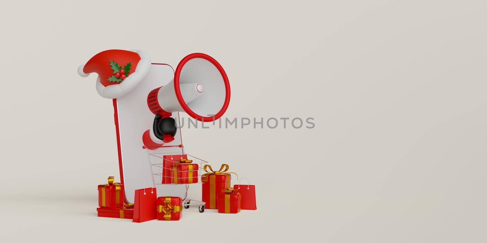 Christmas advertisement banner, Shopping online on mobile concept, Santa Claus hand holding megaphone pop out from mobile with shopping cart and gift box, 3d illustration