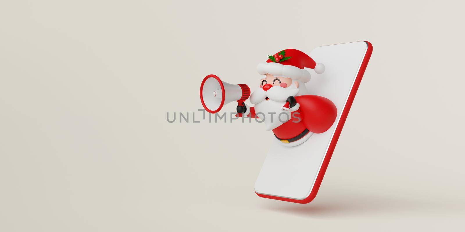 Christmas advertisement banner, Shopping online on mobile concept, Santa Claus hand holding megaphone pop out from mobile, 3d illustration