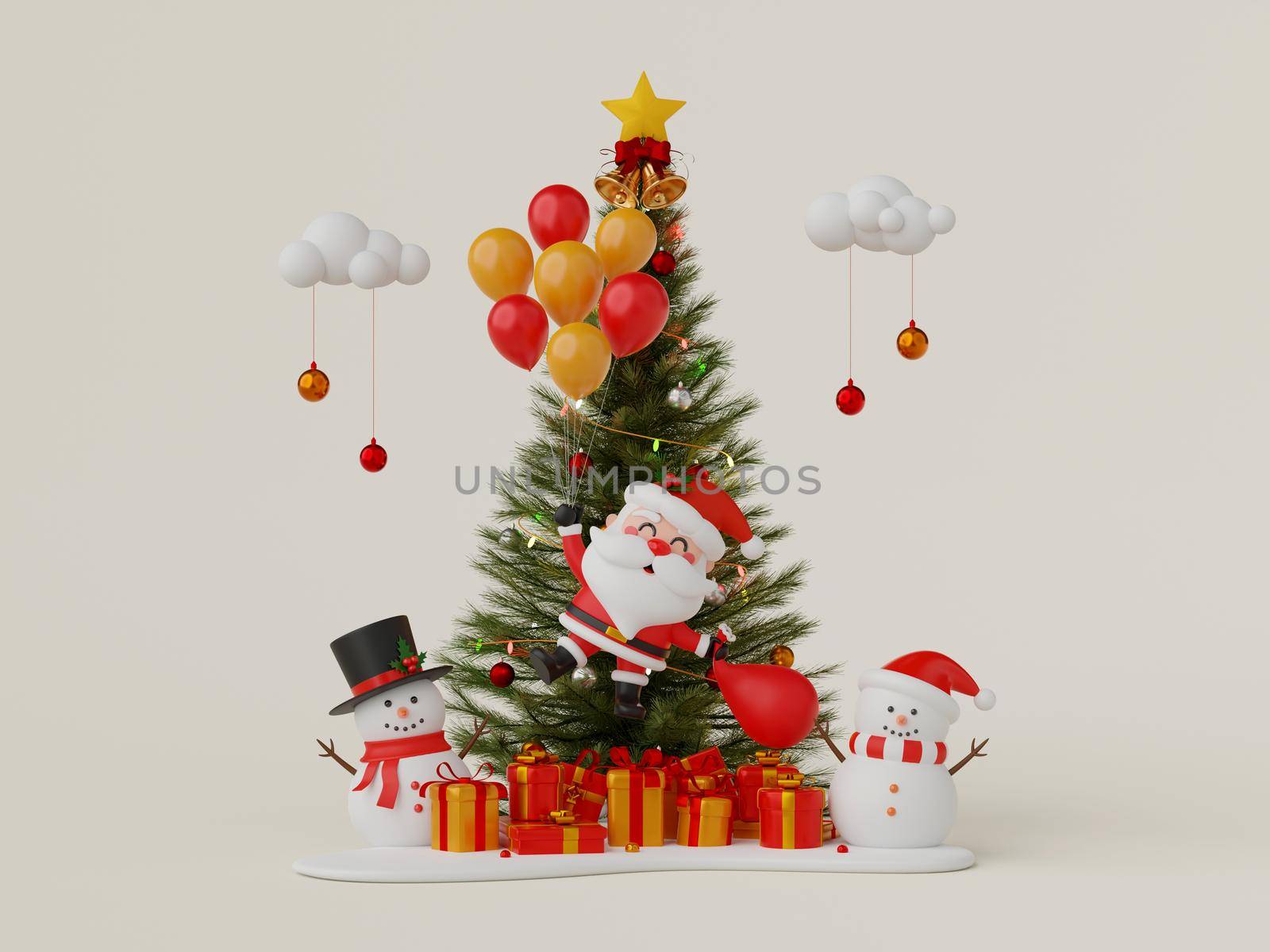 Christmas 3d illustration of Santa Claus and snowman with Christmas tree and gift box by nutzchotwarut
