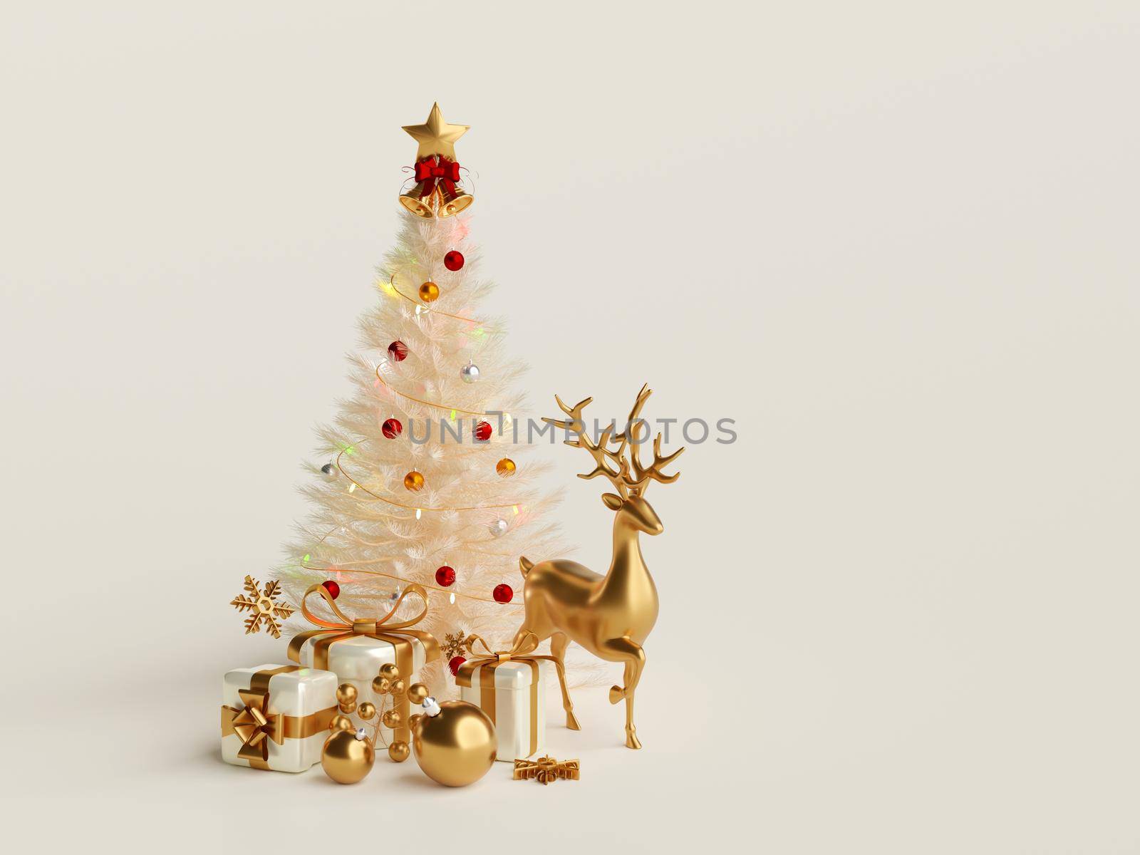 3d illustration Christmas banner of Reindeer with Christmas tree, gift box and decoration