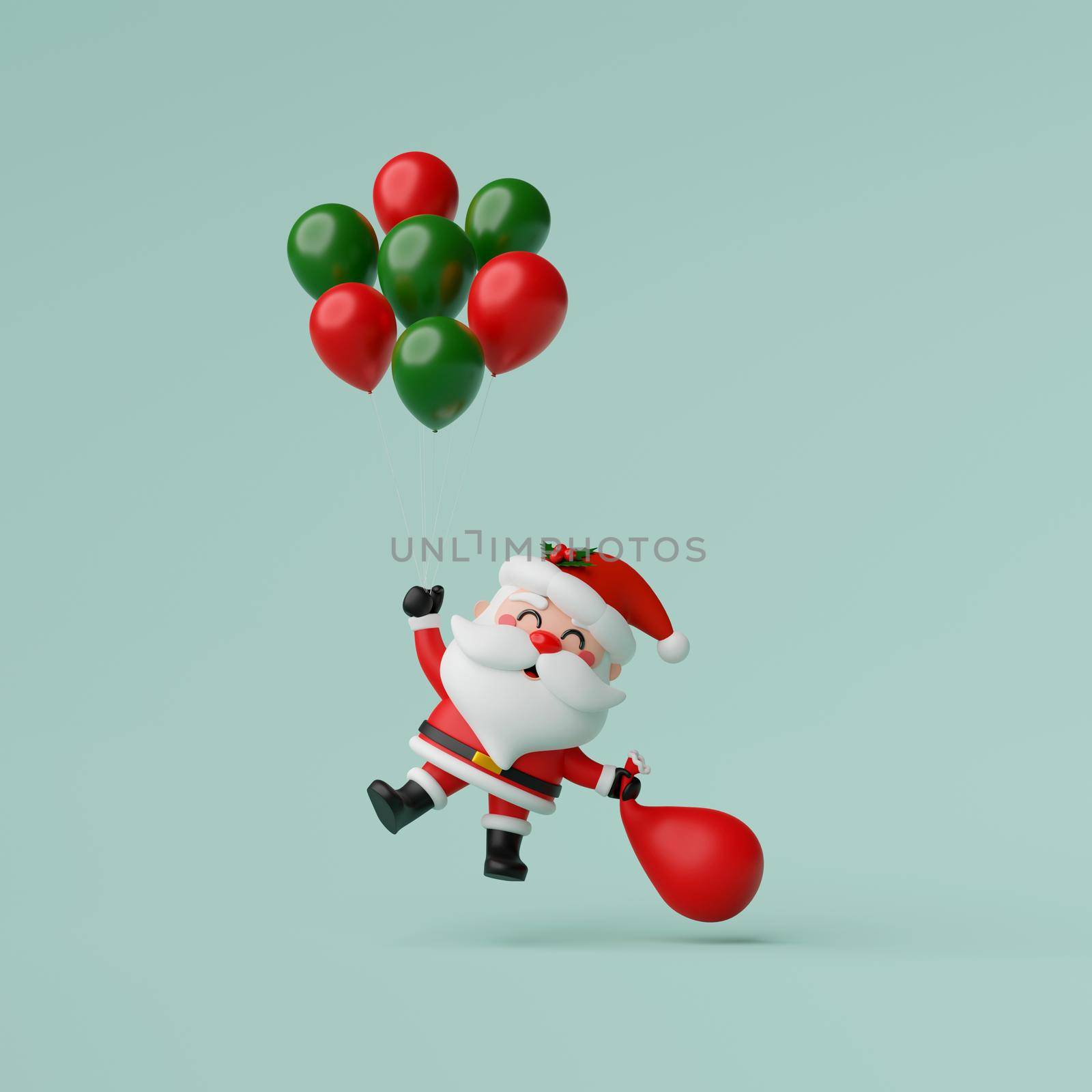 Santa Claus holding balloon and Christmas bag in hand, Merry Christmas, 3d render by nutzchotwarut