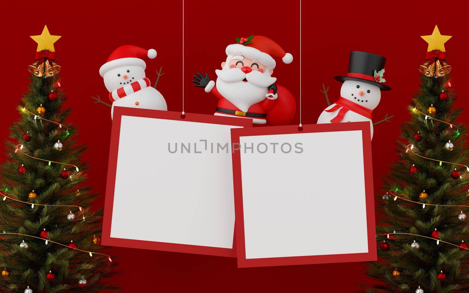 3d illustration of Hanging blank photo frame with Santa Claus, snowman and Christmas tree by nutzchotwarut