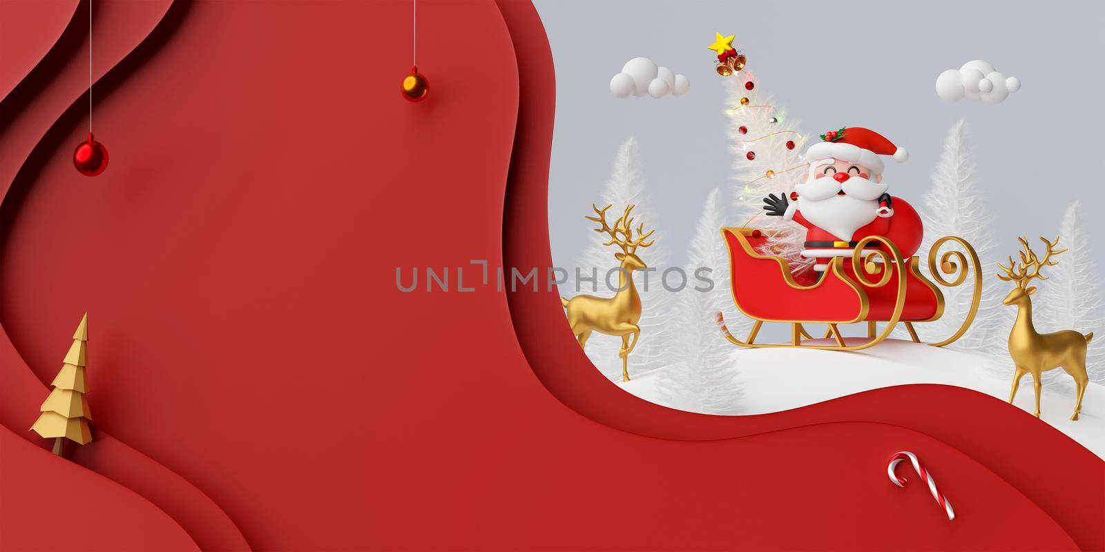 Christmas 3d illustration paper cut style, Santa Claus with sleigh carrying Christmas tree on snow ground by nutzchotwarut