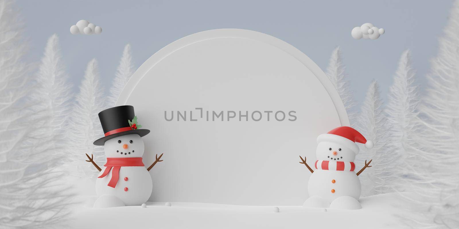 3d illustration banner of snowman in pine forest with copy space by nutzchotwarut