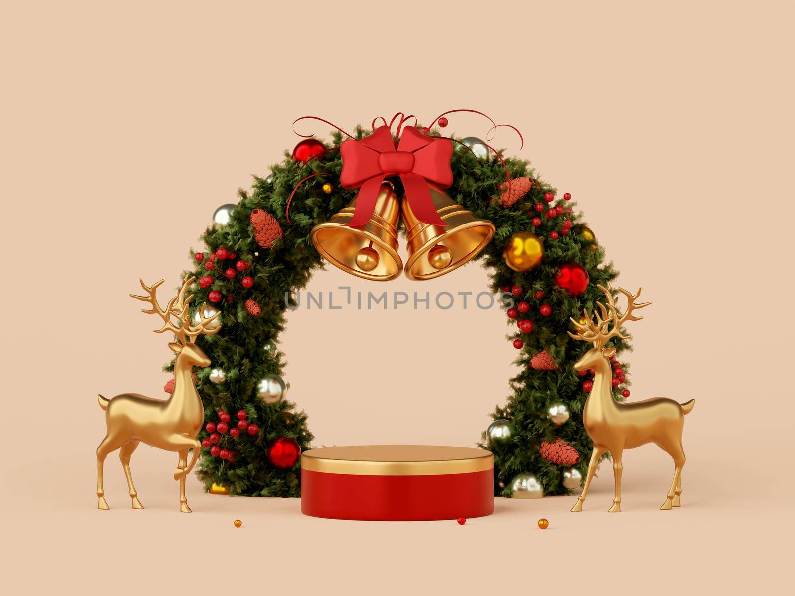 3d illustration banner of Christmas podium with reindeer and Christmas wreath by nutzchotwarut