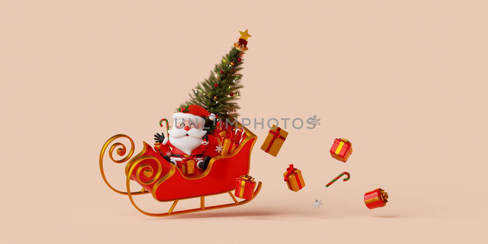 3d illustration Christmas banner of Santa Claus on sleigh with gift box and Christmas tree by nutzchotwarut