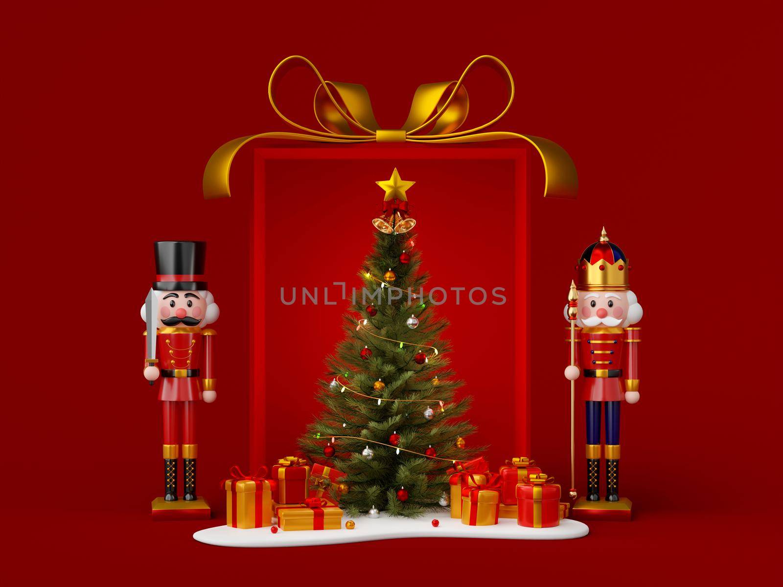Nutcracker with Christmas tree in big Christmas gift box, 3d illustration by nutzchotwarut