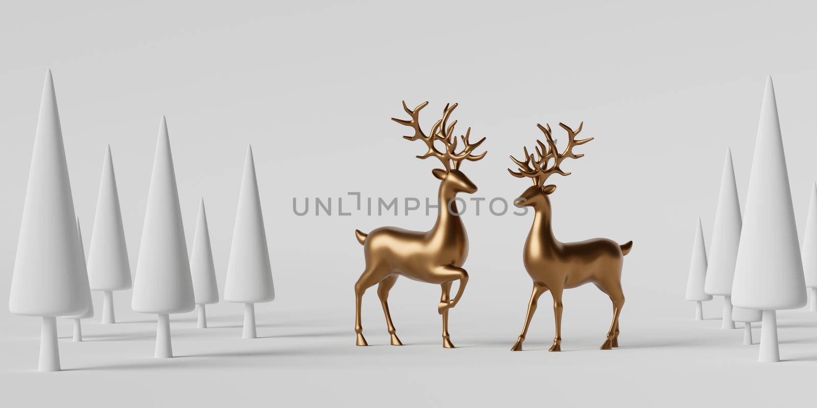 3d illustration banner of reindeer in pine forest on white background by nutzchotwarut