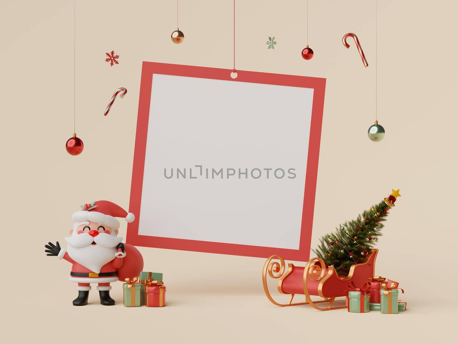 3d Christmas illustration Santa Claus and sleigh with blank photo frame and Christmas decoration by nutzchotwarut