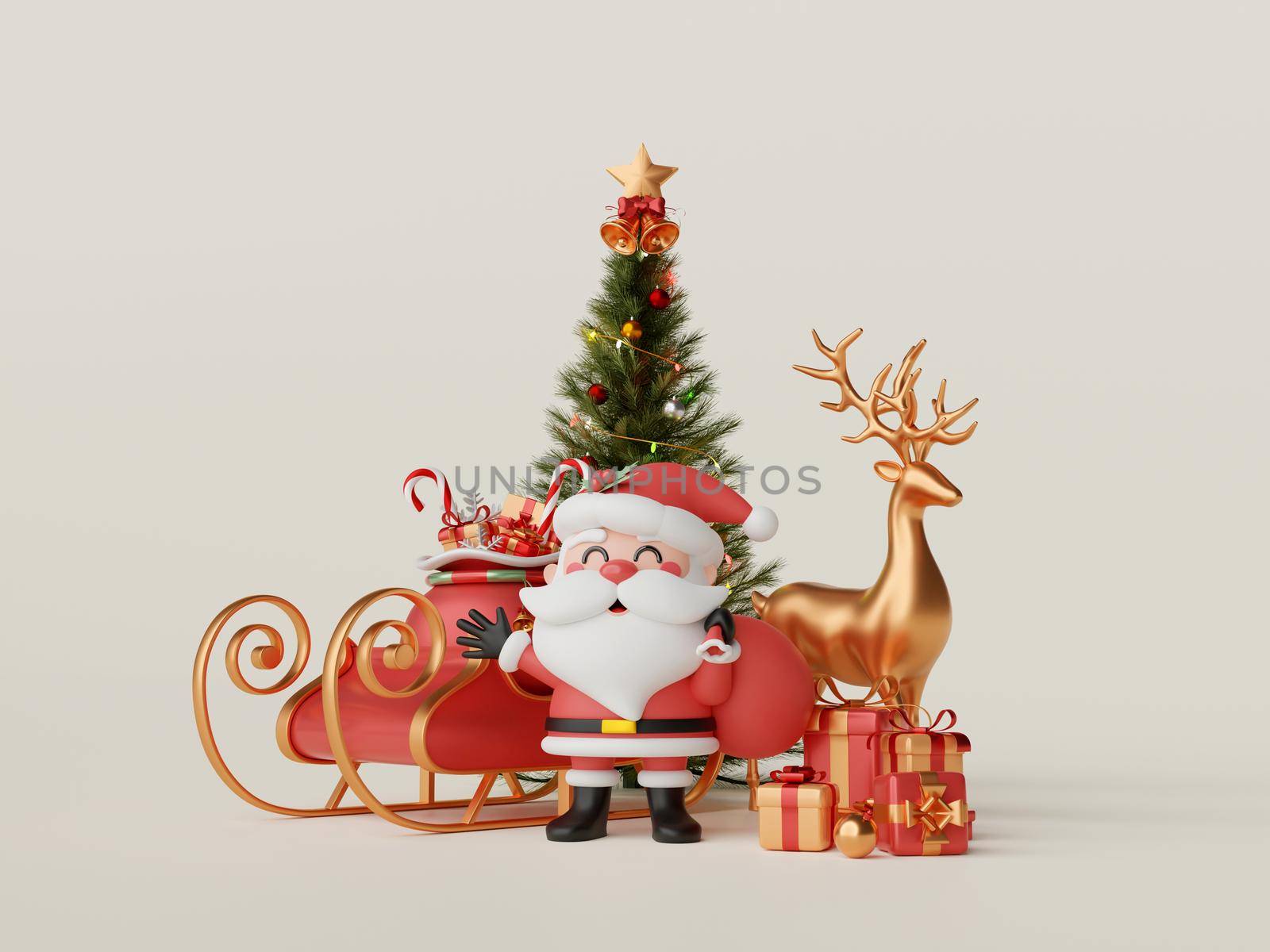 Christmas banner of Santa Claus with Christmas tree, gift box and reindeer, 3d illustration by nutzchotwarut
