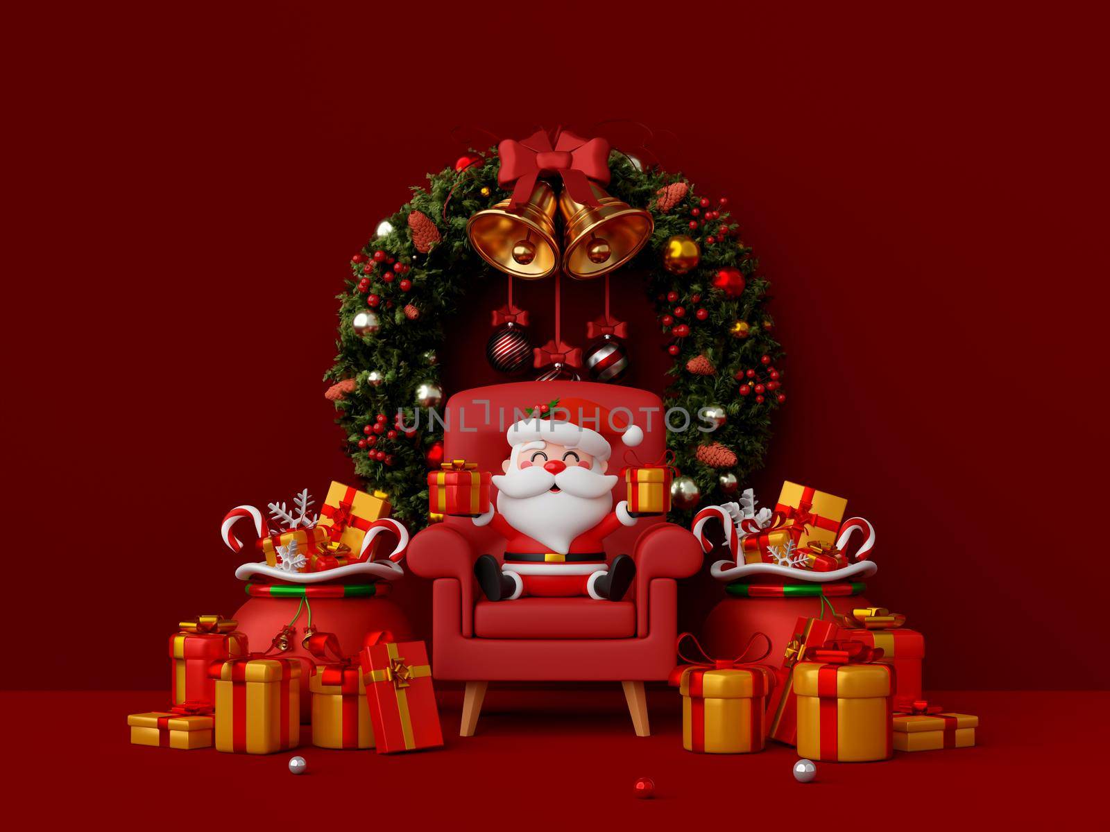 3d illustration Christmas banner of Santa Claus with Christmas wreath and gift box by nutzchotwarut