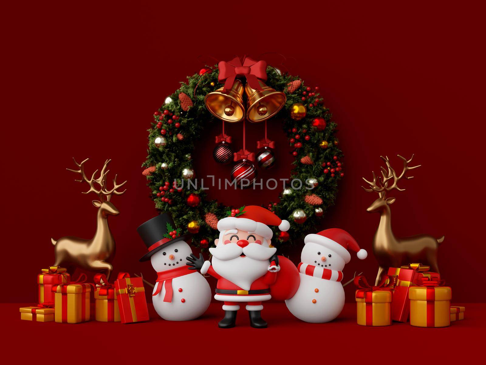 3d illustration Christmas theme, Santa Claus and snowman with Christmas wreath and decoration by nutzchotwarut