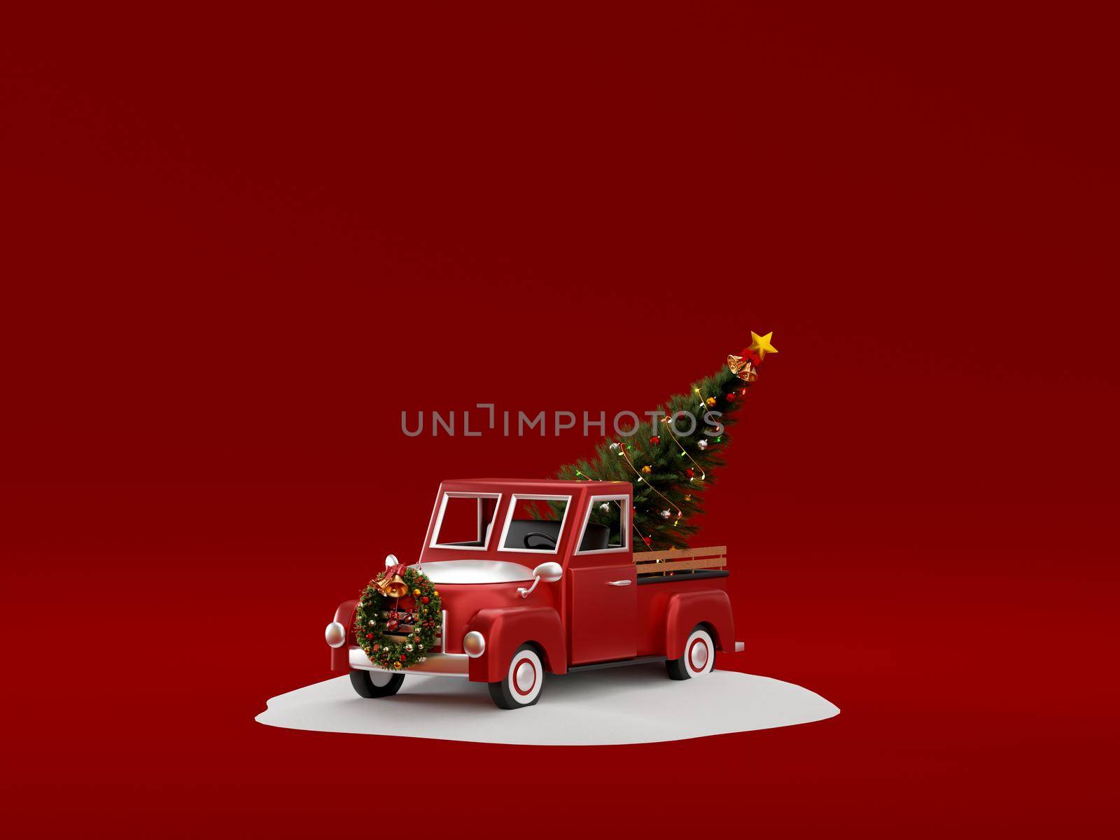 3d illustration of red Christmas truck carry Christmas tree on snow ground by nutzchotwarut