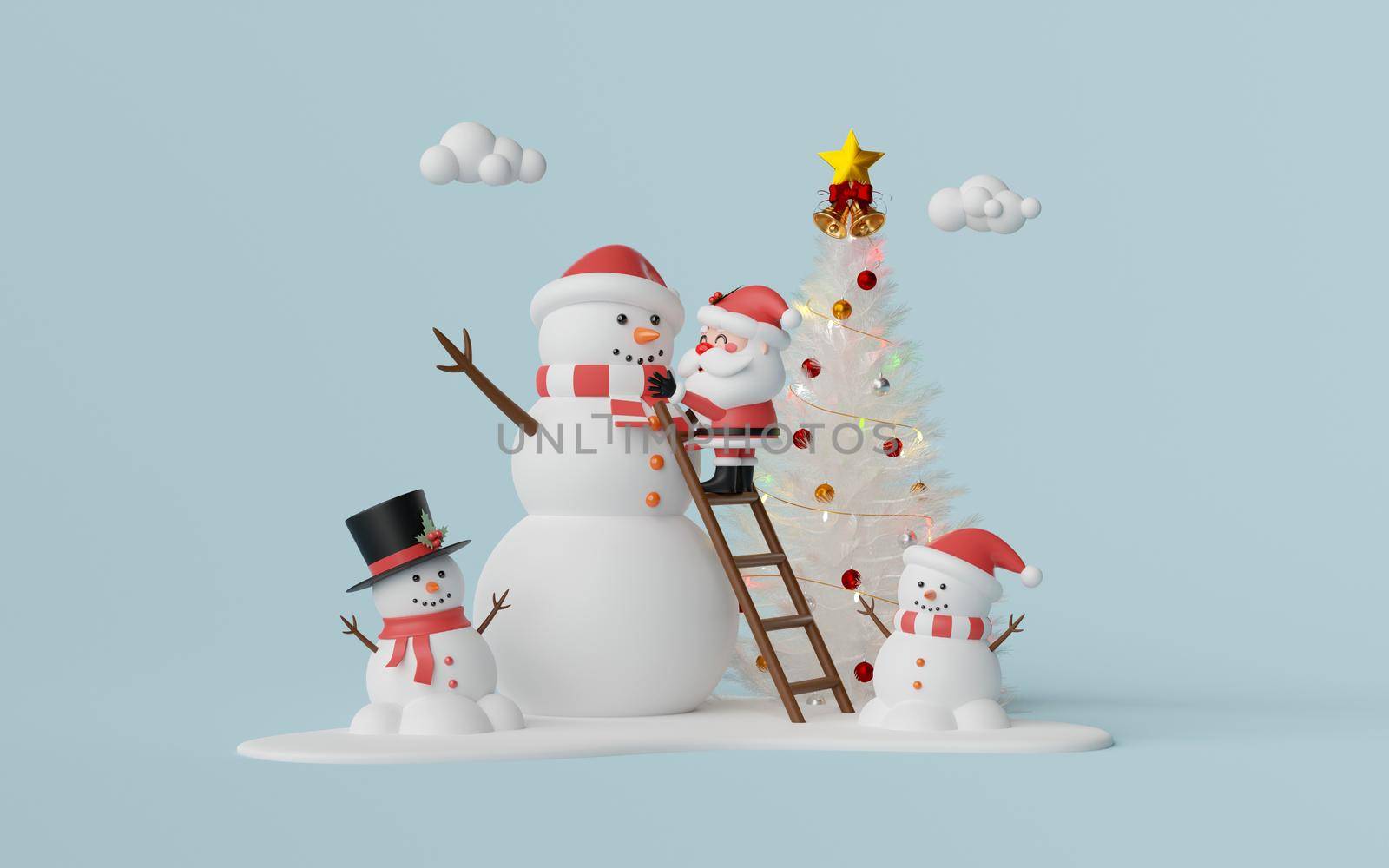 Santa Claus modeling snowman near Christmas tree, 3d illustration