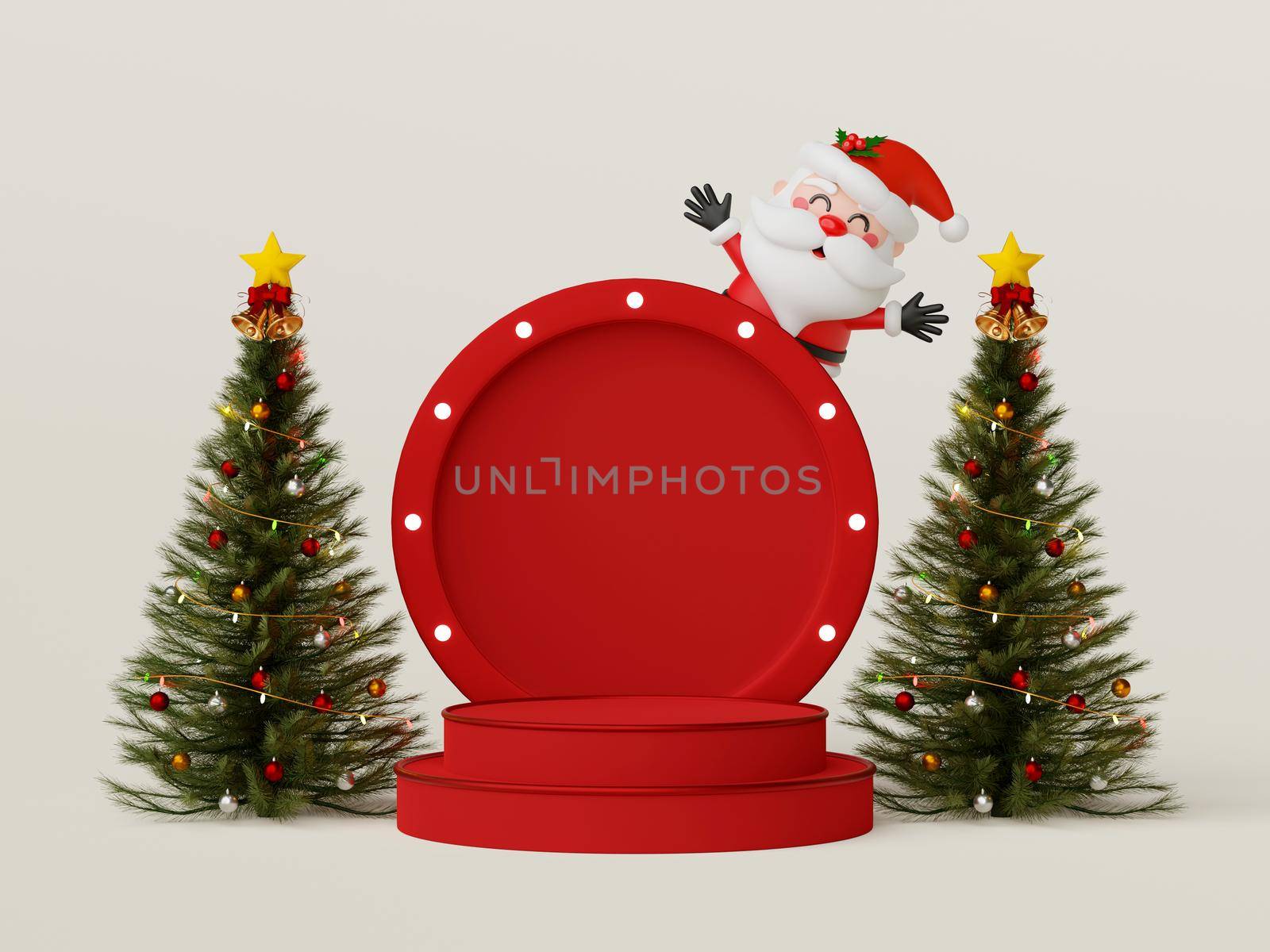 Product podium with Christmas tree and Santa Claus for advertisement, 3d illustration by nutzchotwarut