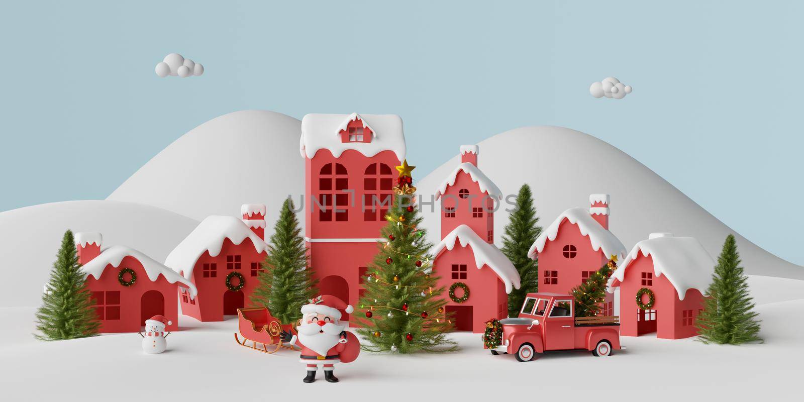 3d illustration of Christmas banner Santa Claus in the snow village, Merry Christmas