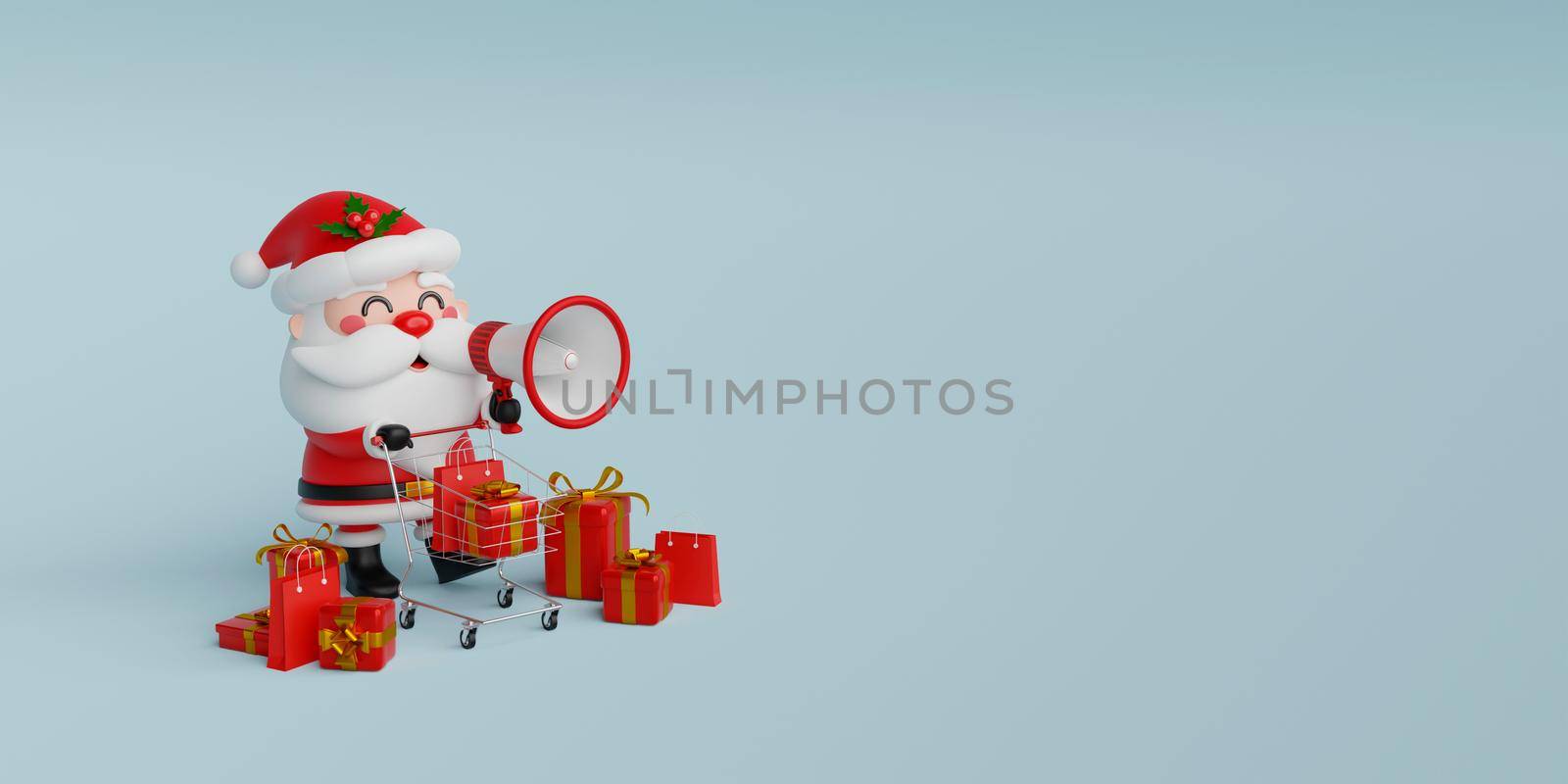Christmas shopping banner, Santa Claus holding megaphone and shopping cart with Christmas gift on blue background, 3d illustration