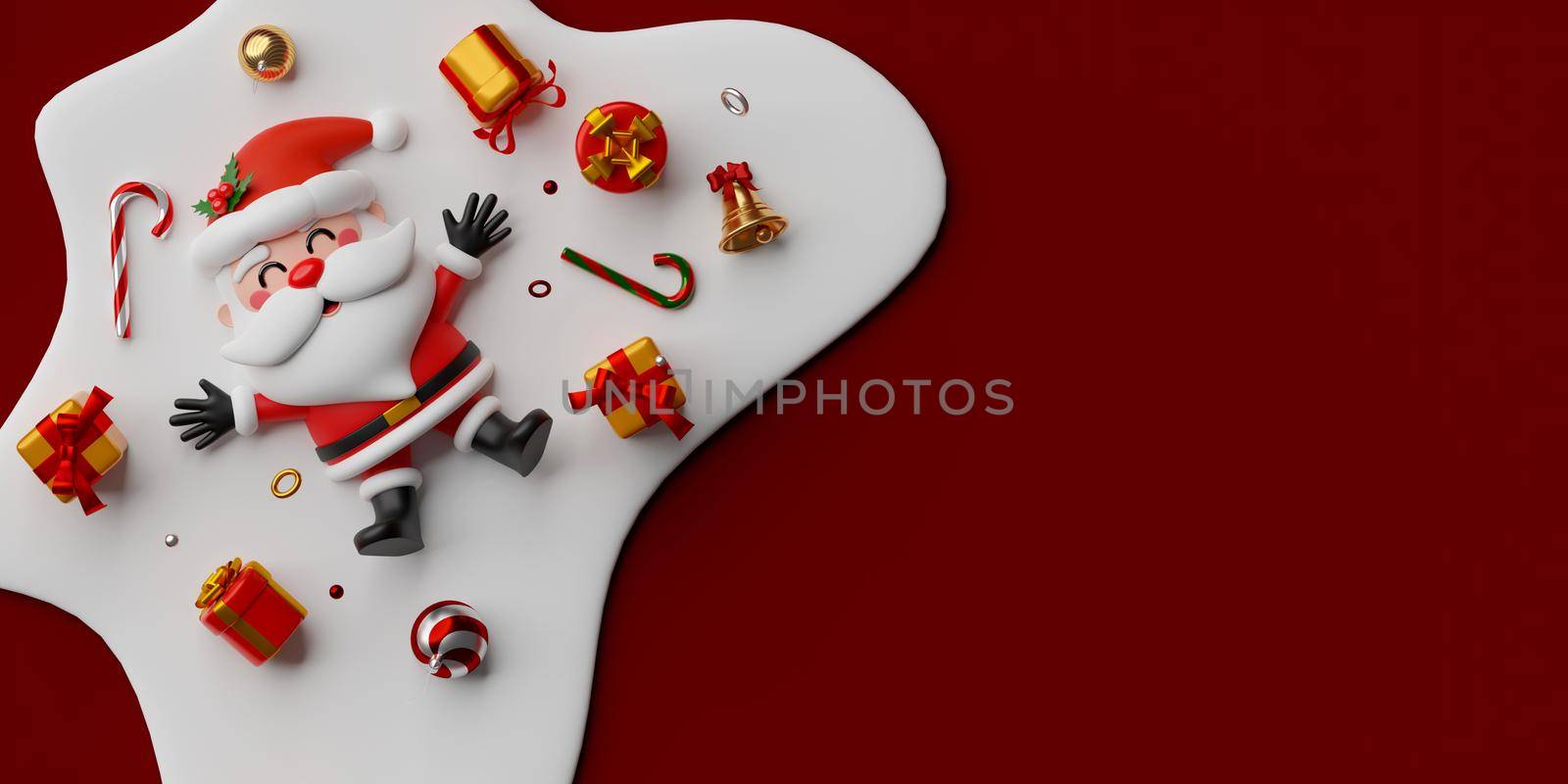 Top view of Santa Claus lay on snow ground with gift box, 3d illustration