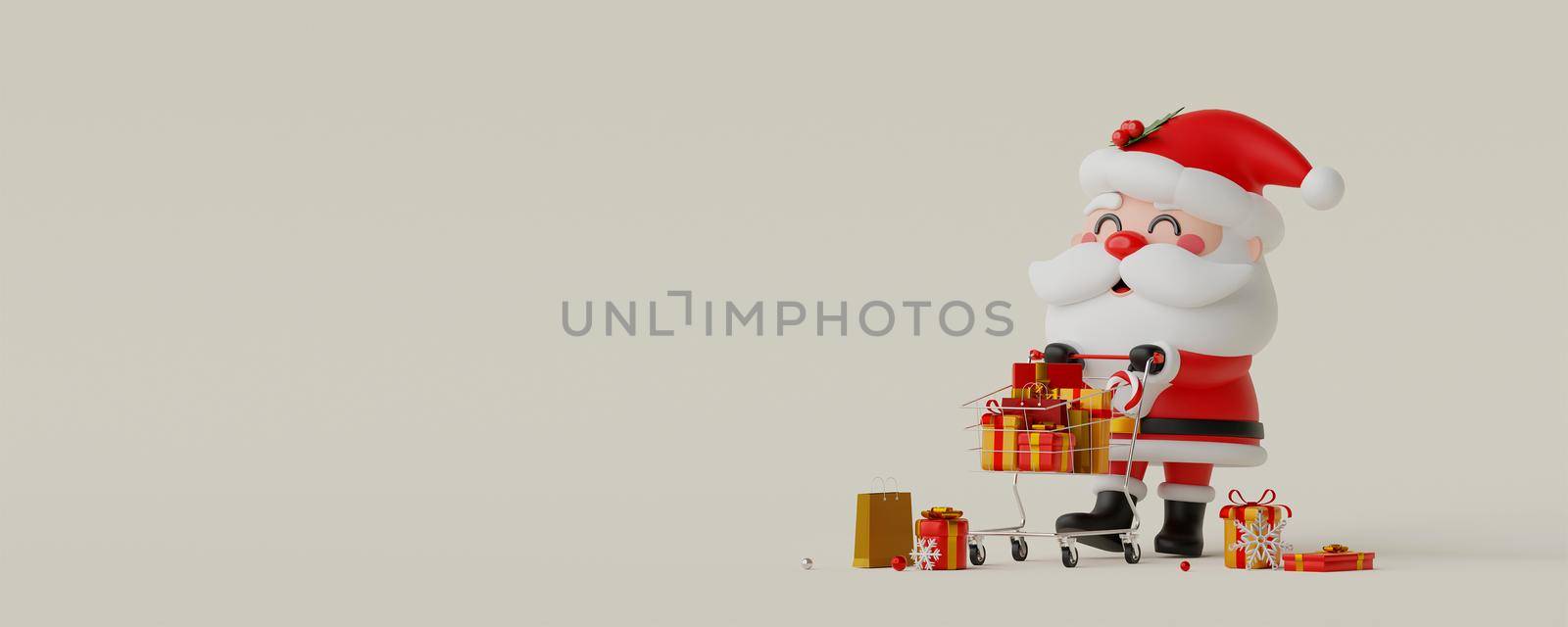 Santa Claus pushing shopping cart with Christmas gift box, 3d illustration