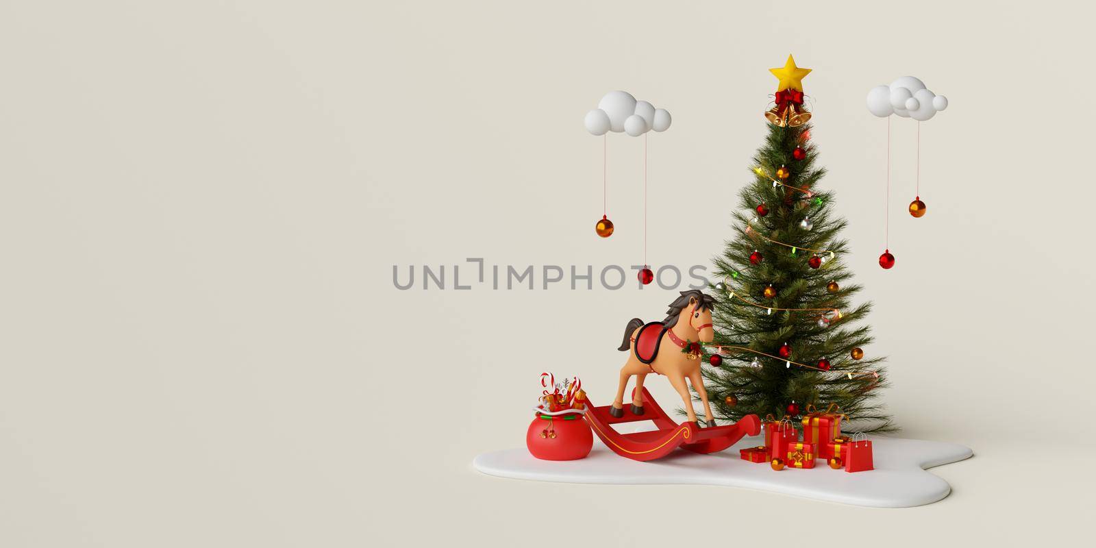 Christmas web banner of rocking horse, Christmas tree and gift box, 3d illustration