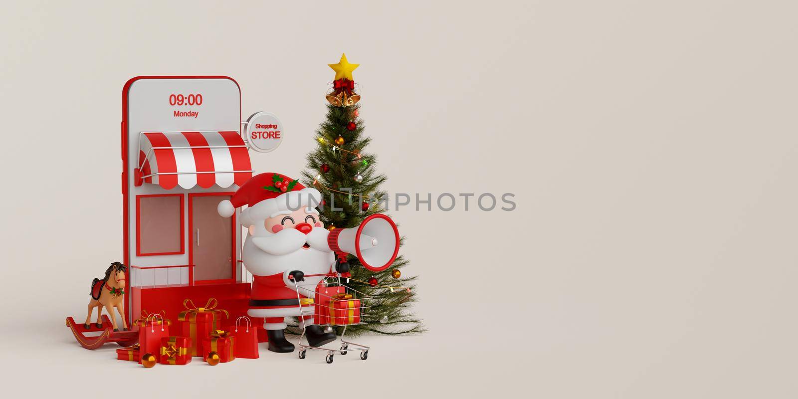 Christmas shopping online on mobile concept, Santa Claus pushing a shopping cart with gift box in front of mobile shop, 3d illustration by nutzchotwarut