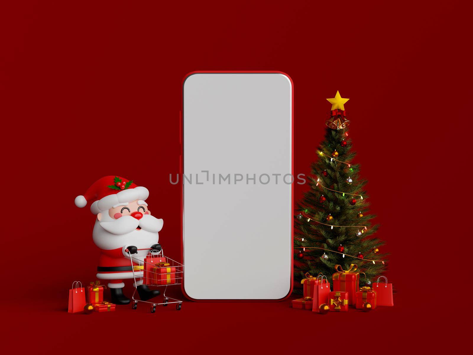 Christmas shopping online on mobile concept, Santa Claus pushing a shopping cart with gift box, 3d illustration