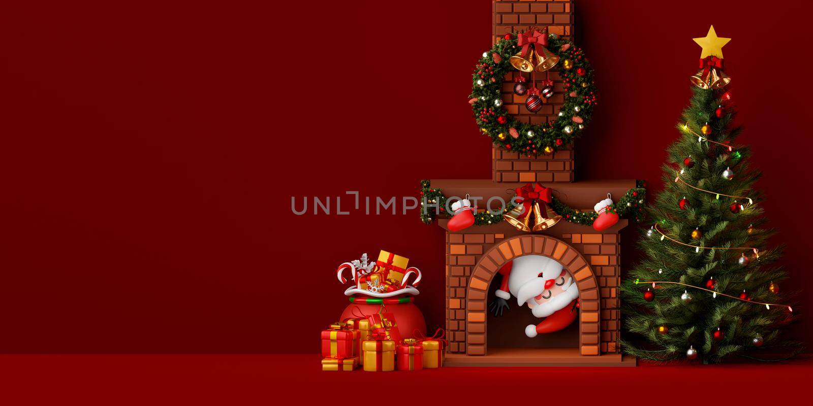 Santa Claus in fireplace in room decorated by Christmas tree and gift box, 3d illustration