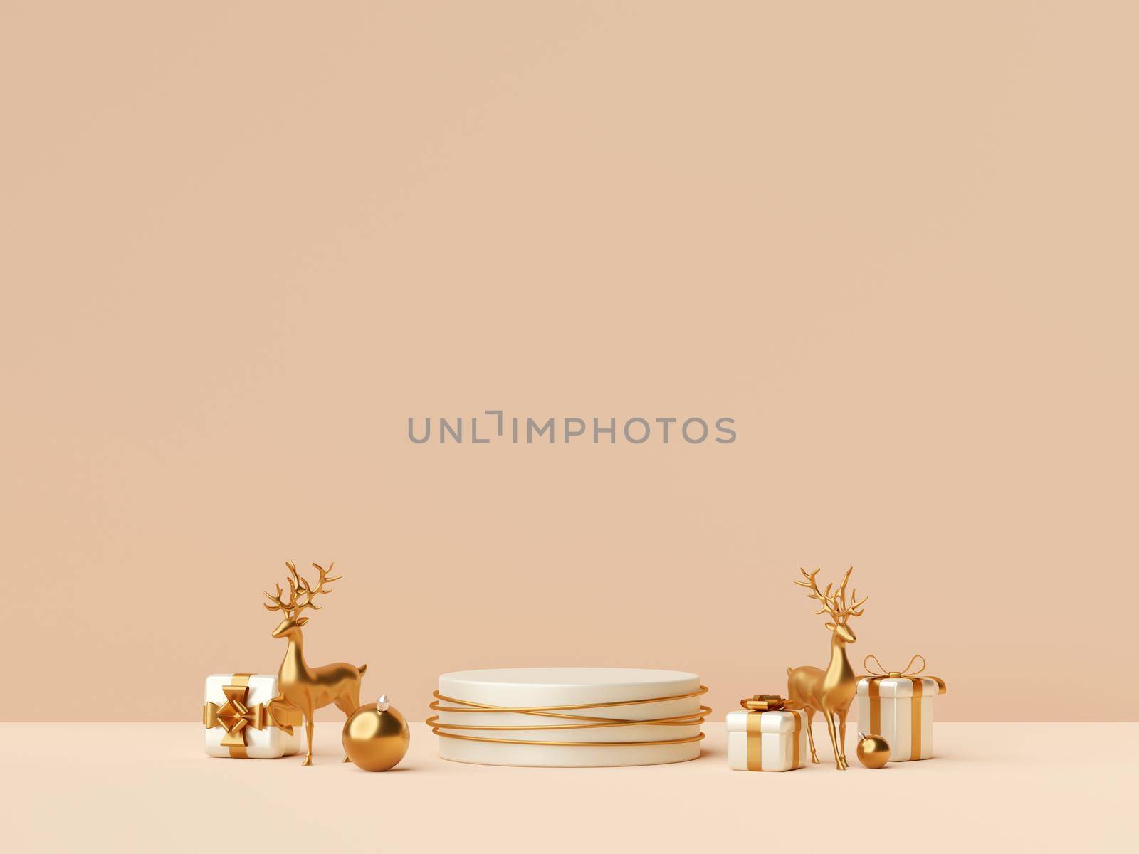 3d illustration of Christmas podium with reindeer and gift box, Merry Christmas by nutzchotwarut