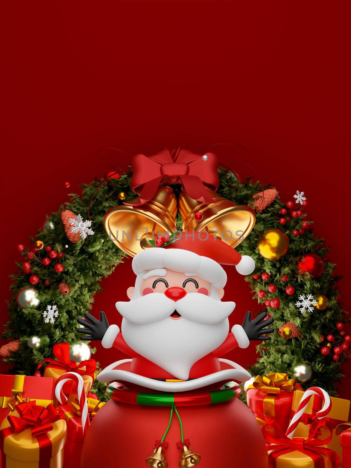 3d illustration Christmas banner of Santa Claus with Christmas wreath and gift box by nutzchotwarut