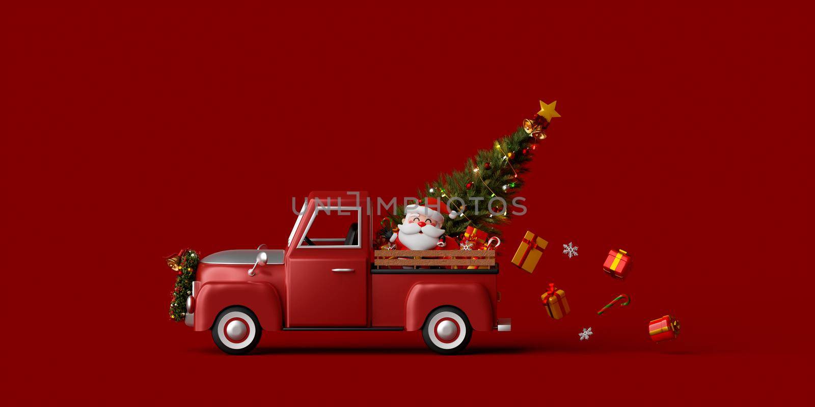 3d illustration Christmas banner Santa Claus on Christmas truck carrying Christmas tree and gift by nutzchotwarut