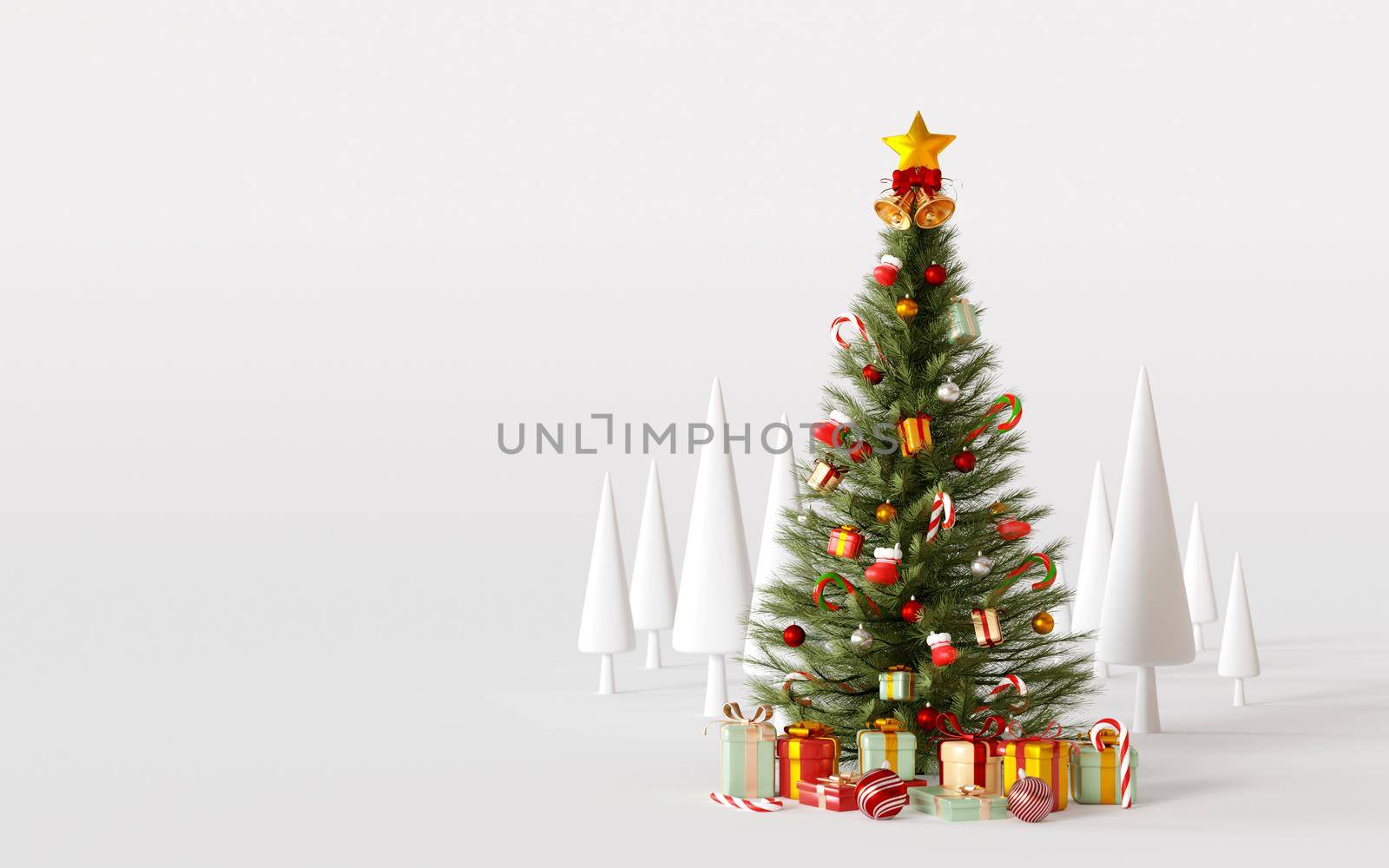 3d illustration of Christmas tree with gift box on white background by nutzchotwarut