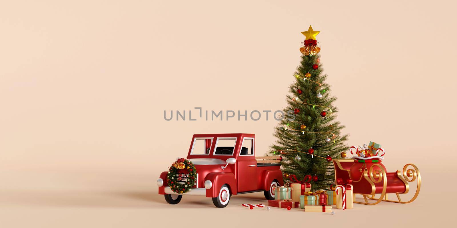 3d illustration of Christmas banner, Christmas tree with truck and sleigh, Merry Christmas by nutzchotwarut