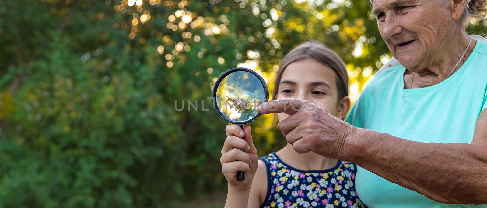 Grandmother and child are studying the snail in the park. Selective focus. by yanadjana