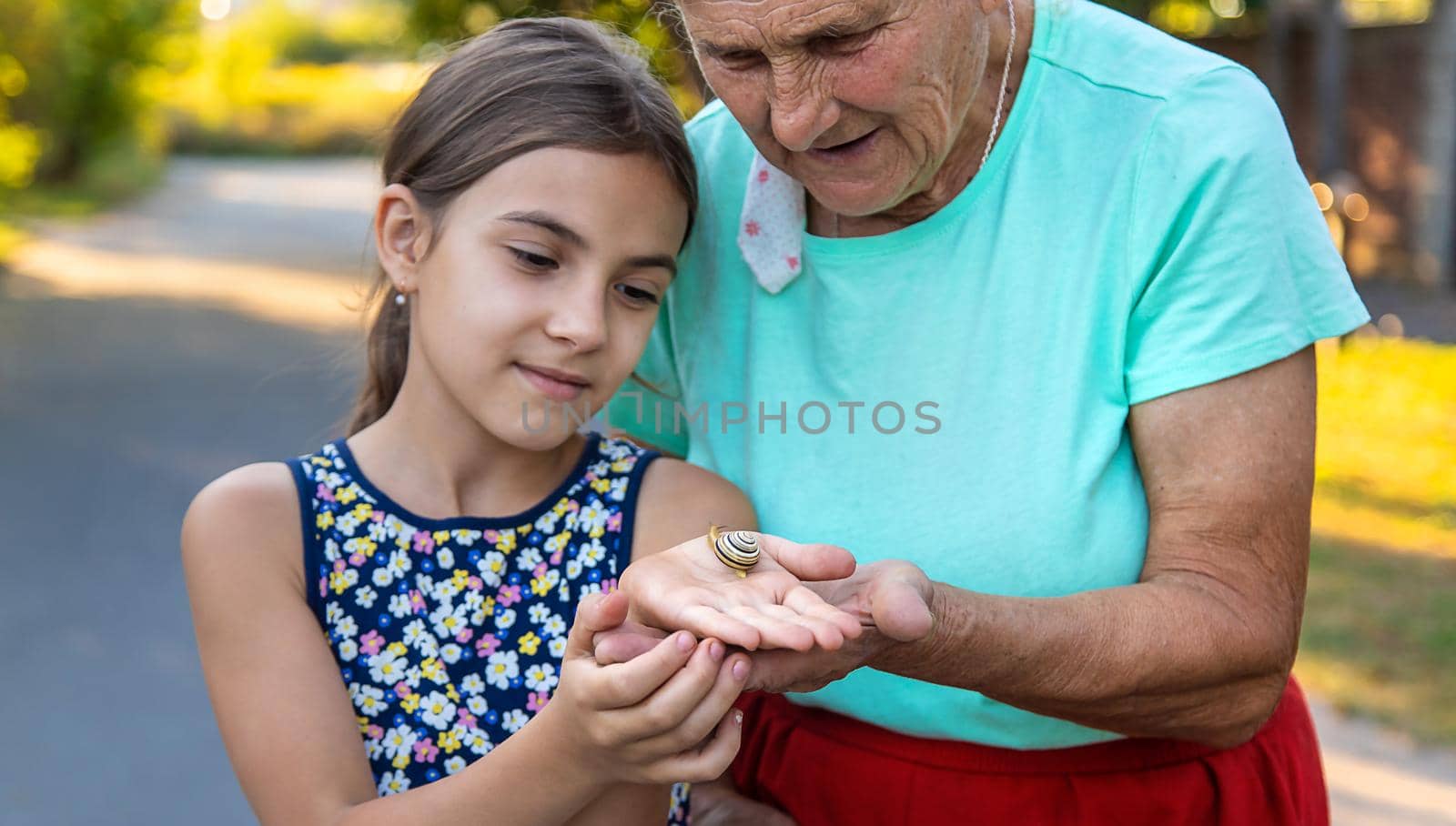 Grandmother and child are studying the snail in the park. Selective focus. Nature.