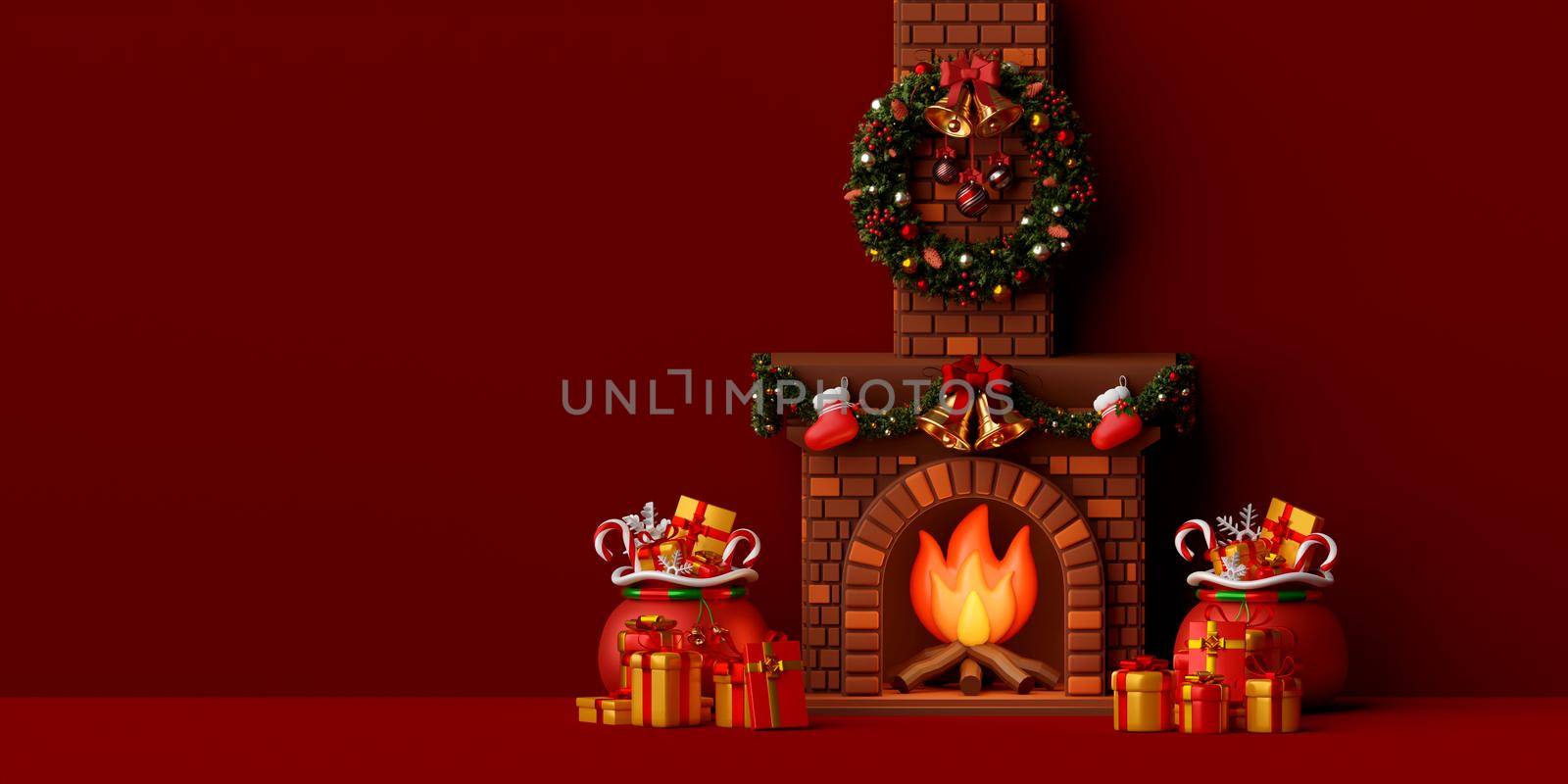 Christmas fireplace with Christmas gift on red background, 3d illustration