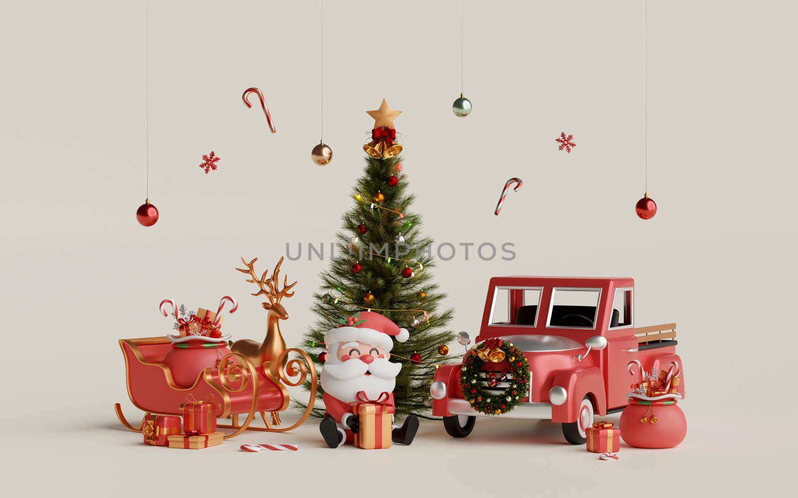 Christmas 3d illustration of Christmas celebration with Santa Claus and Christmas decoration by nutzchotwarut
