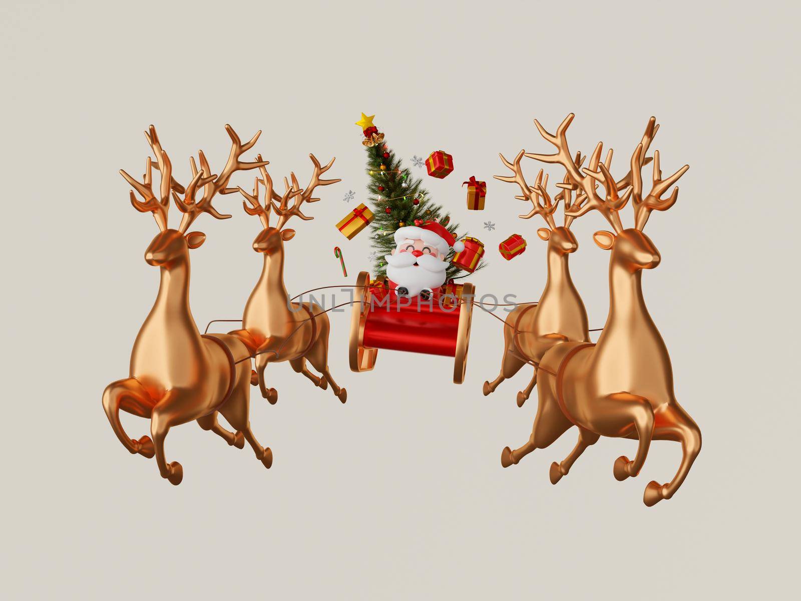 3d illustration of Santa Claus riding on sleigh with gift box by nutzchotwarut