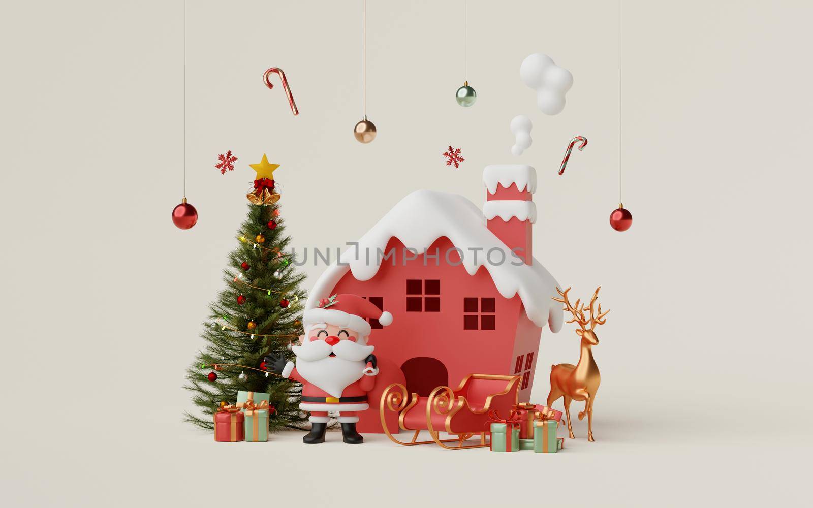 3d Christmas banner of Santa Claus and reindeer around red house to celebrate Christmas day by nutzchotwarut